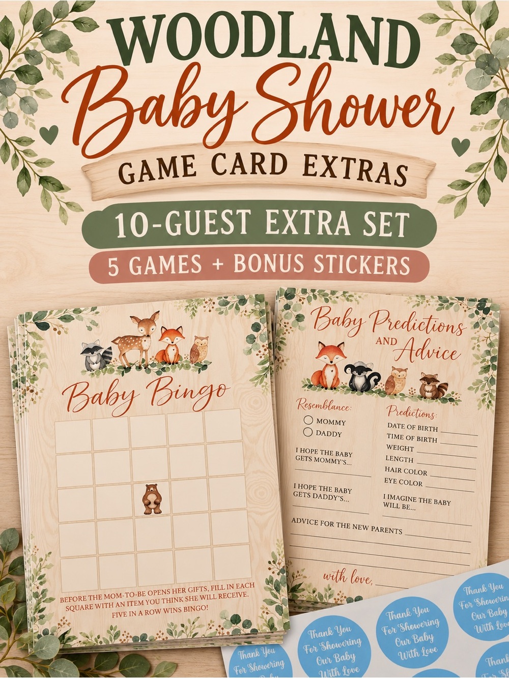 Woodland Baby Shower Games for 10 Guests - Extra Sets plus Bonus Stickers